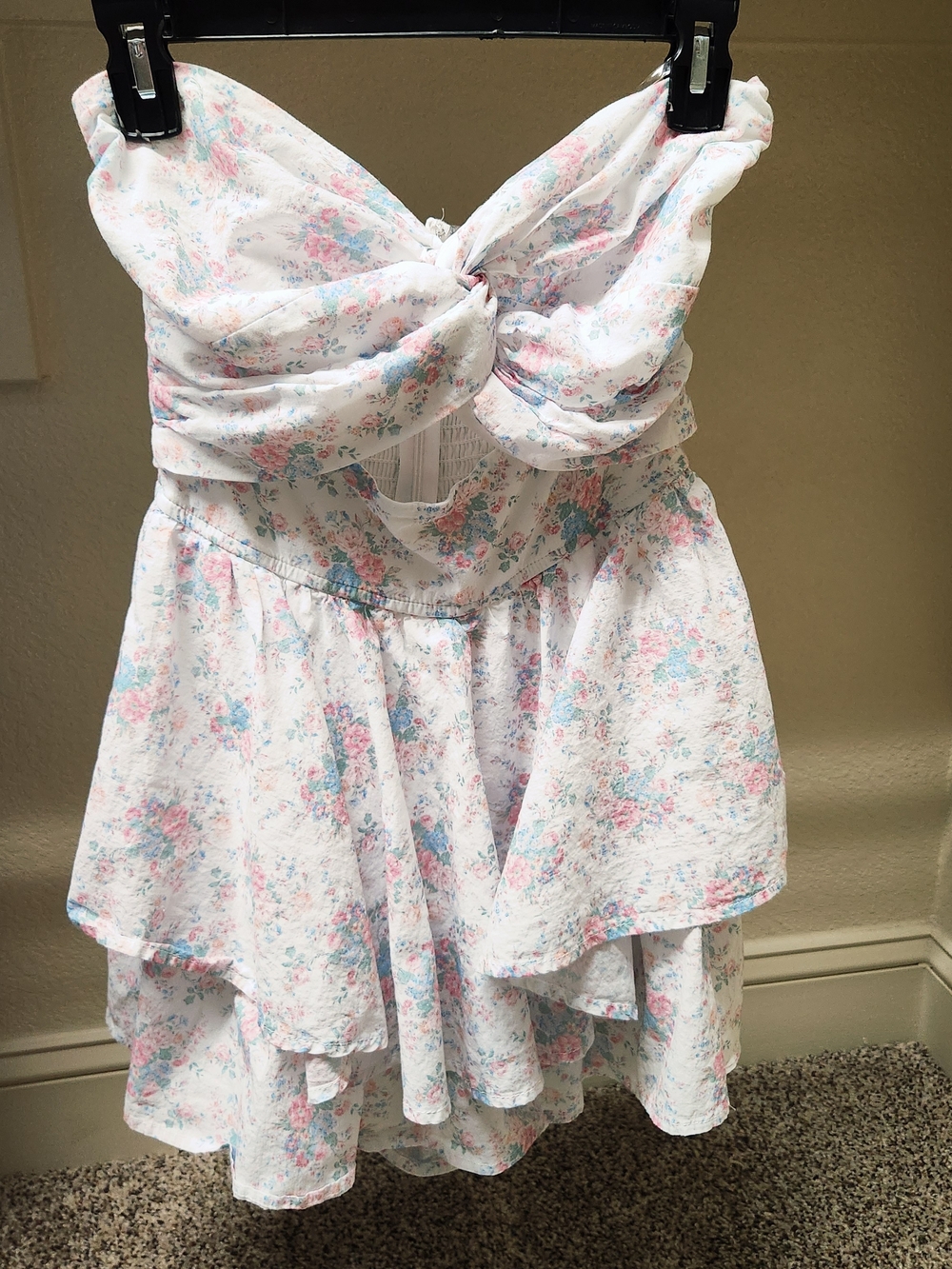 Altar'd State White Strapless Mini Rompet with Pink & Blue Floral Print